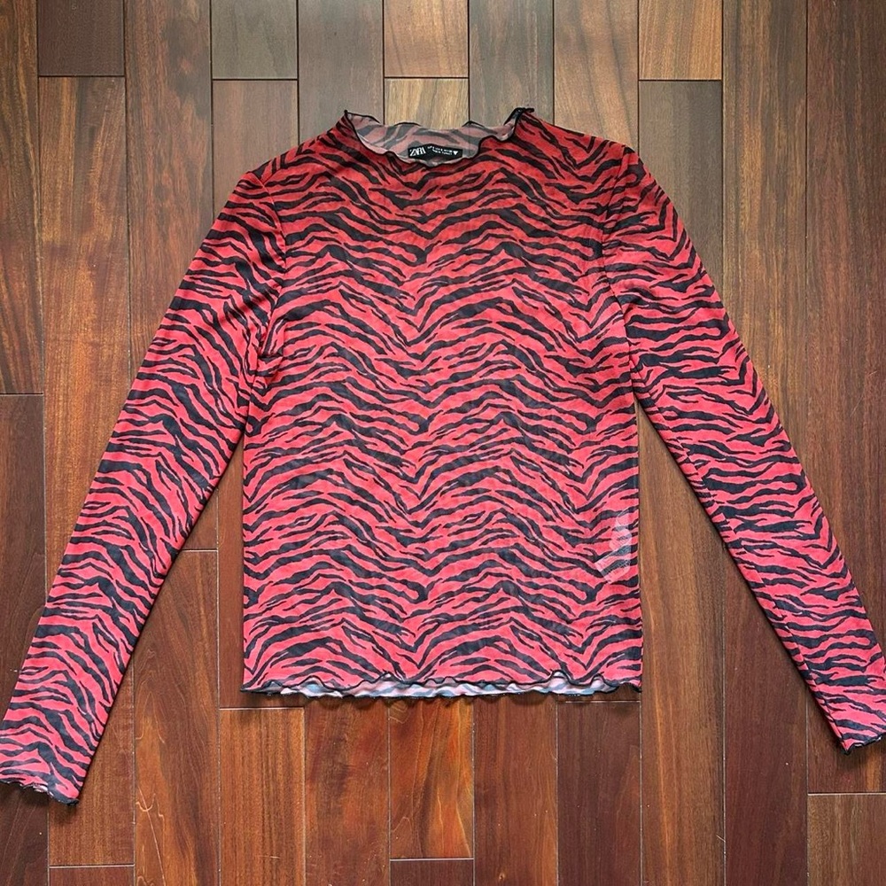 Zara Red and Black Animal Print Top